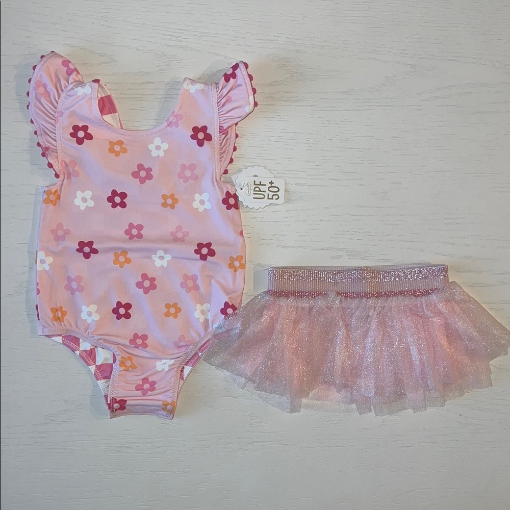 Mud Pie Toddler Girl Reversible Checkerboard Floral Tutu Swimsuit 2T 3T 4T 5T